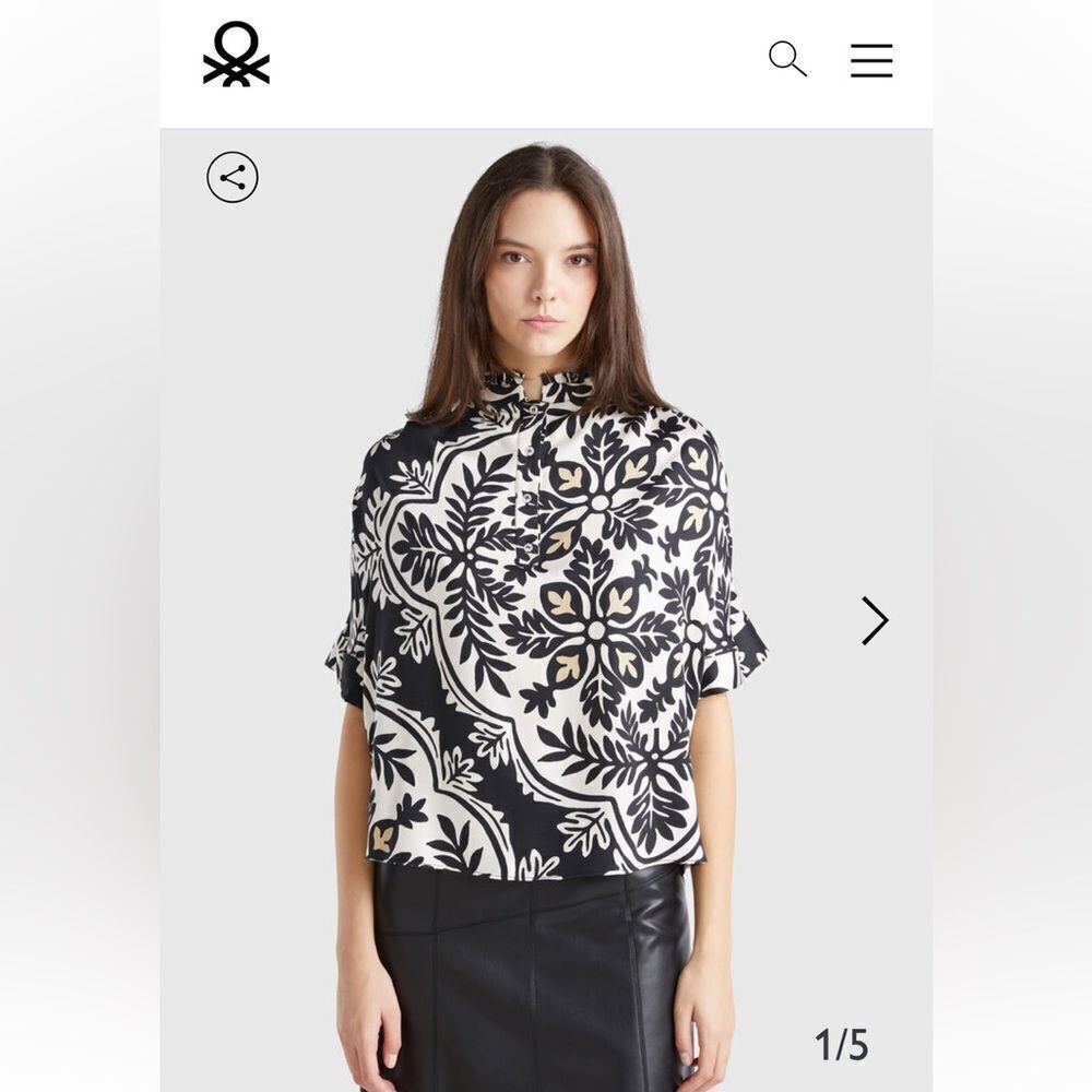 United Colors of Benetton Floral Blouse Womens Black Beige Oversized Sz XS